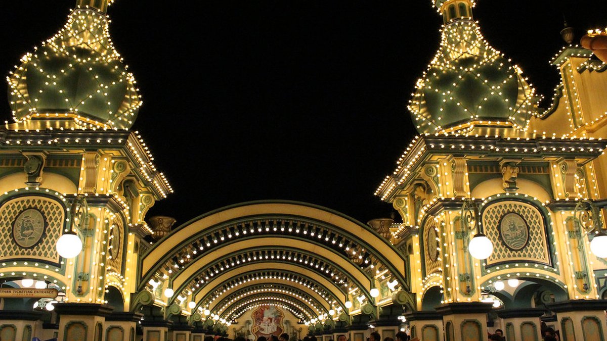 Illuminated arcade at Tokyo DisneySea at night