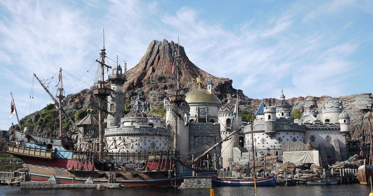 Mount Prometheus volcano seen across the water of Mediterranean Harbor at Tokyo DisneySea