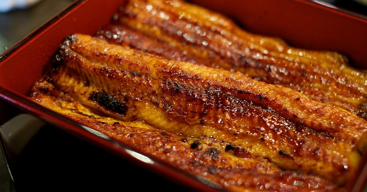 Close-up of charcoal-grilled eel with caramelized tare glaze and charred edges over rice