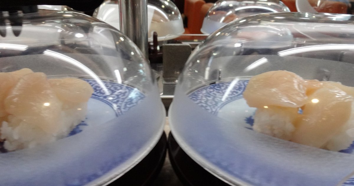 Scallop nigiri on blue and white plates under clear plastic domes on a sushi conveyor belt