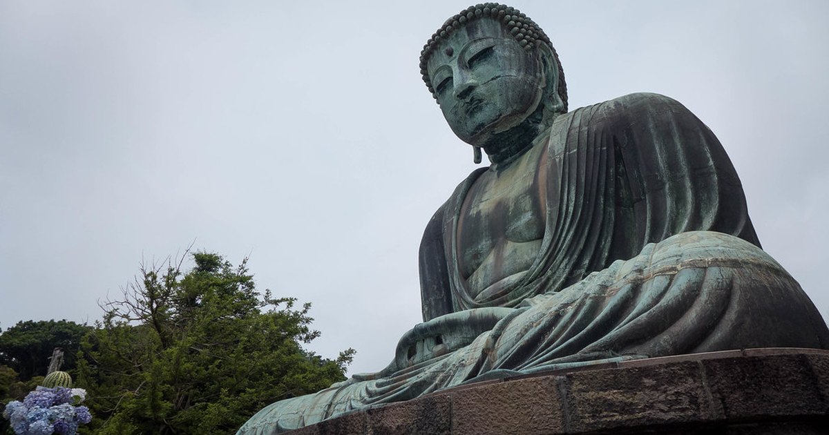 The bronze Great Buddha of Kamakura seen from below against an overcast sky, with hydrangeas and pines to the left