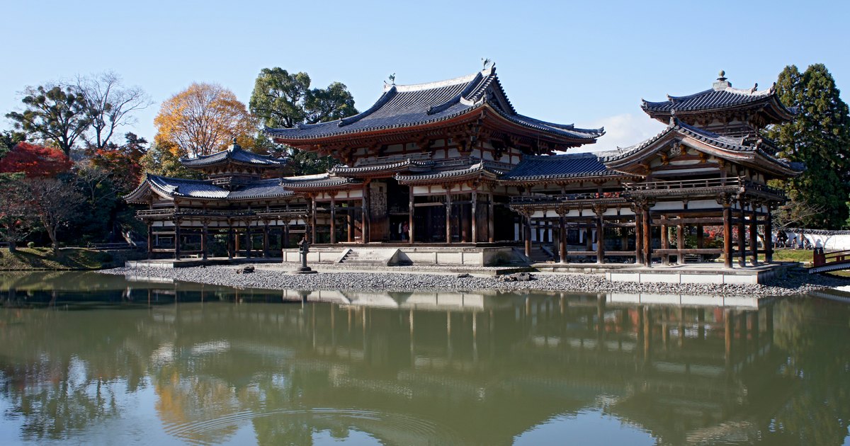 The wooden Phoenix Hall of Byodoin temple in Uji mirrored in its still pond