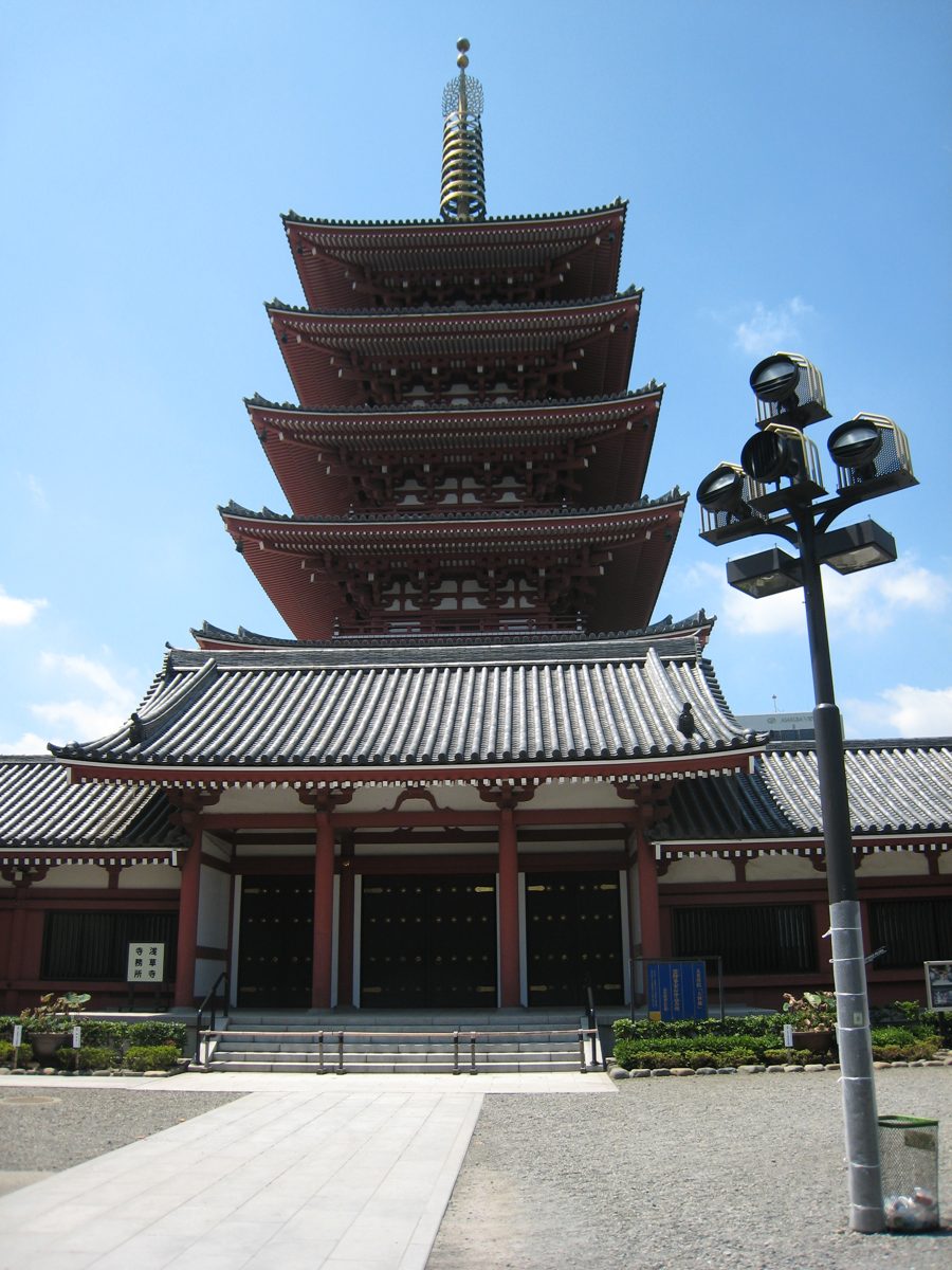 The five-storied pagoda at Senso-ji in Asakusa under a blue sky