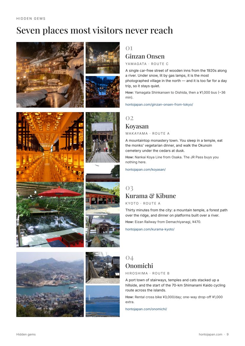 Hidden gems page: Ginzan Onsen, Koyasan, Kurama and Onomichi with photographs
