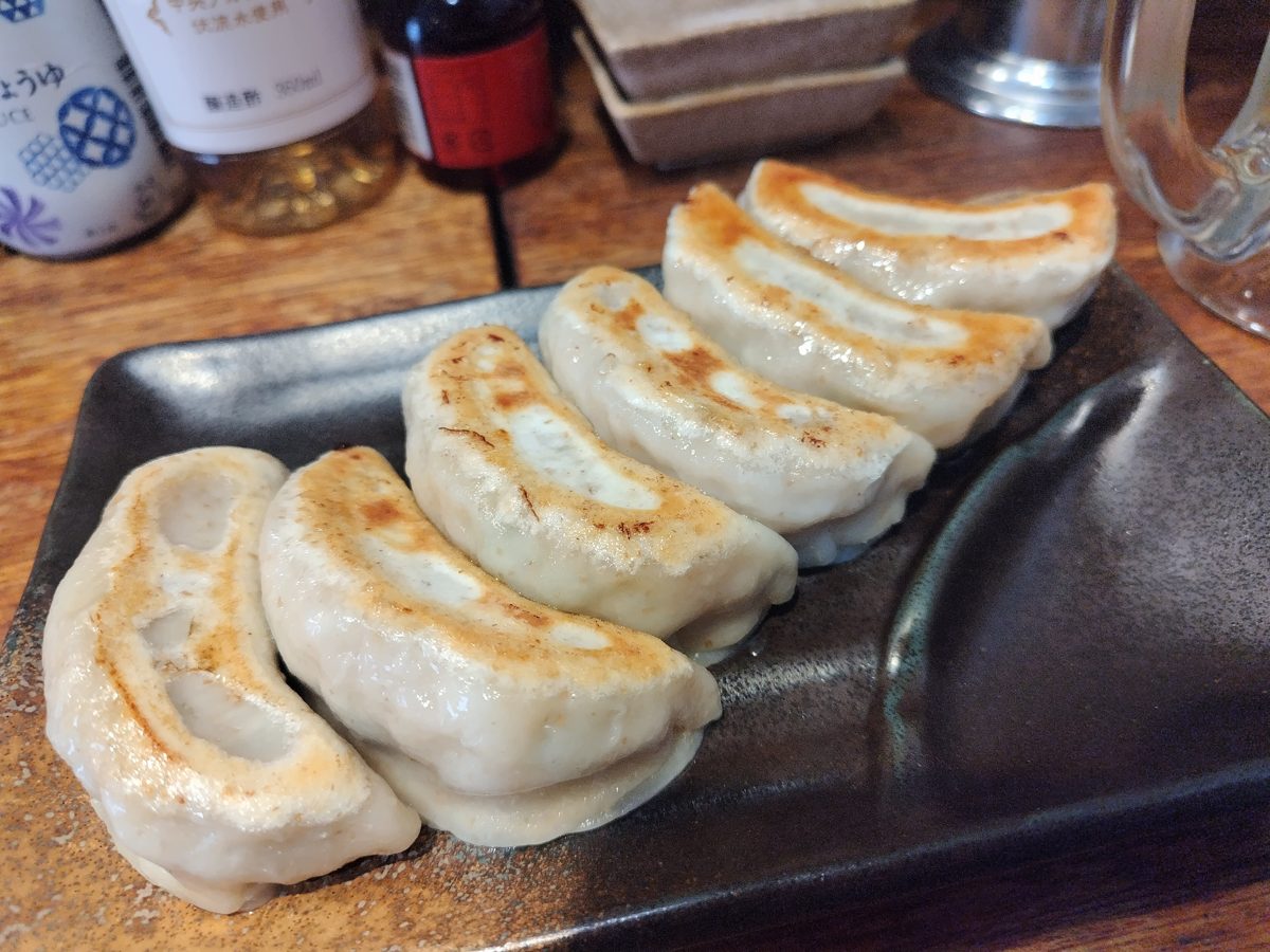 Pan-fried gyoza lined up on a dark plate on a restaurant table