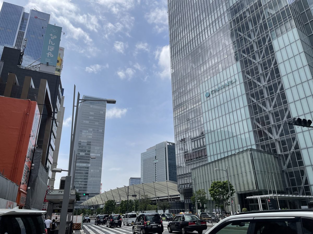 Office towers and the Yaesu side of Tokyo Station seen from the street