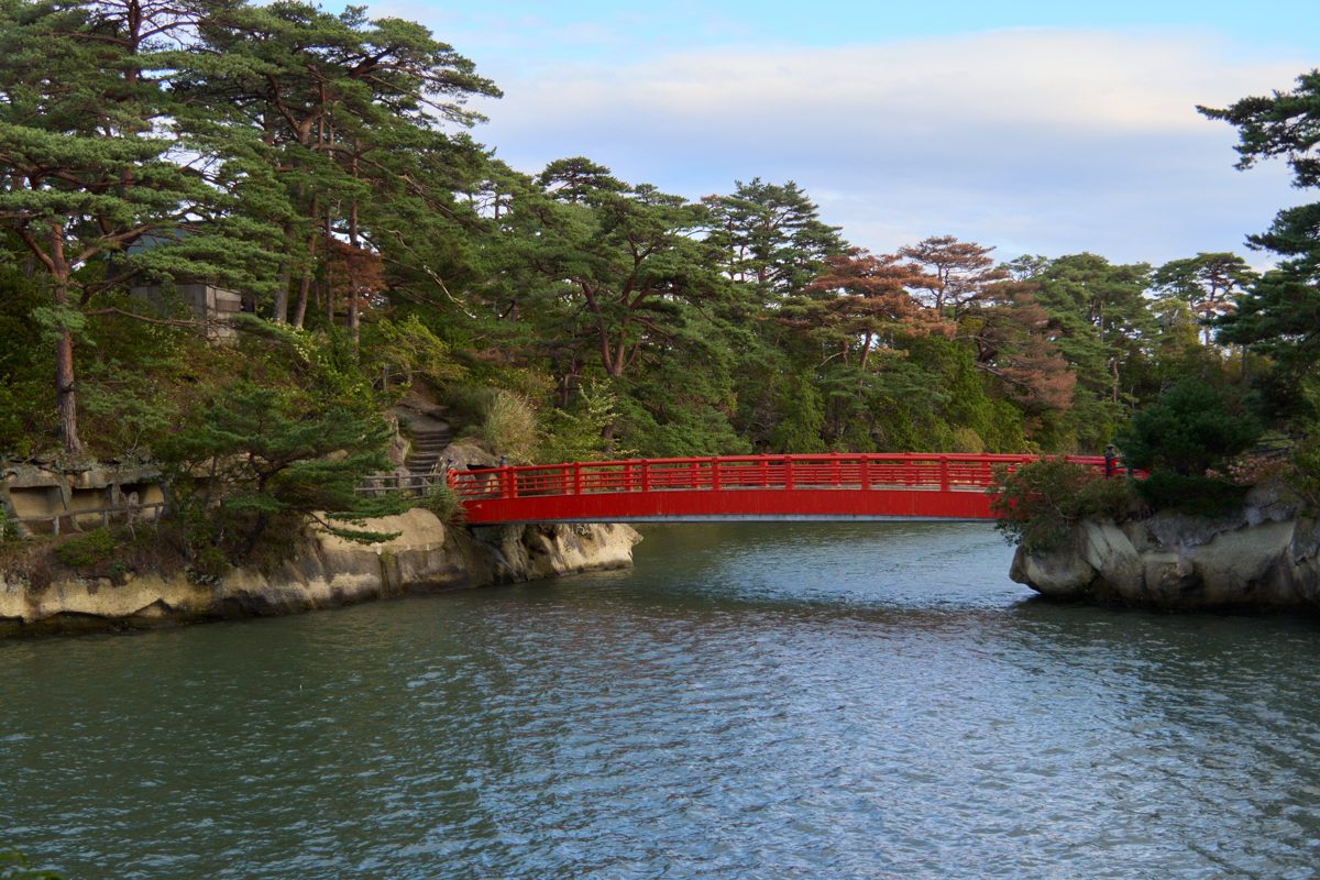 Red bridge to Fukuurajima island in Matsushima