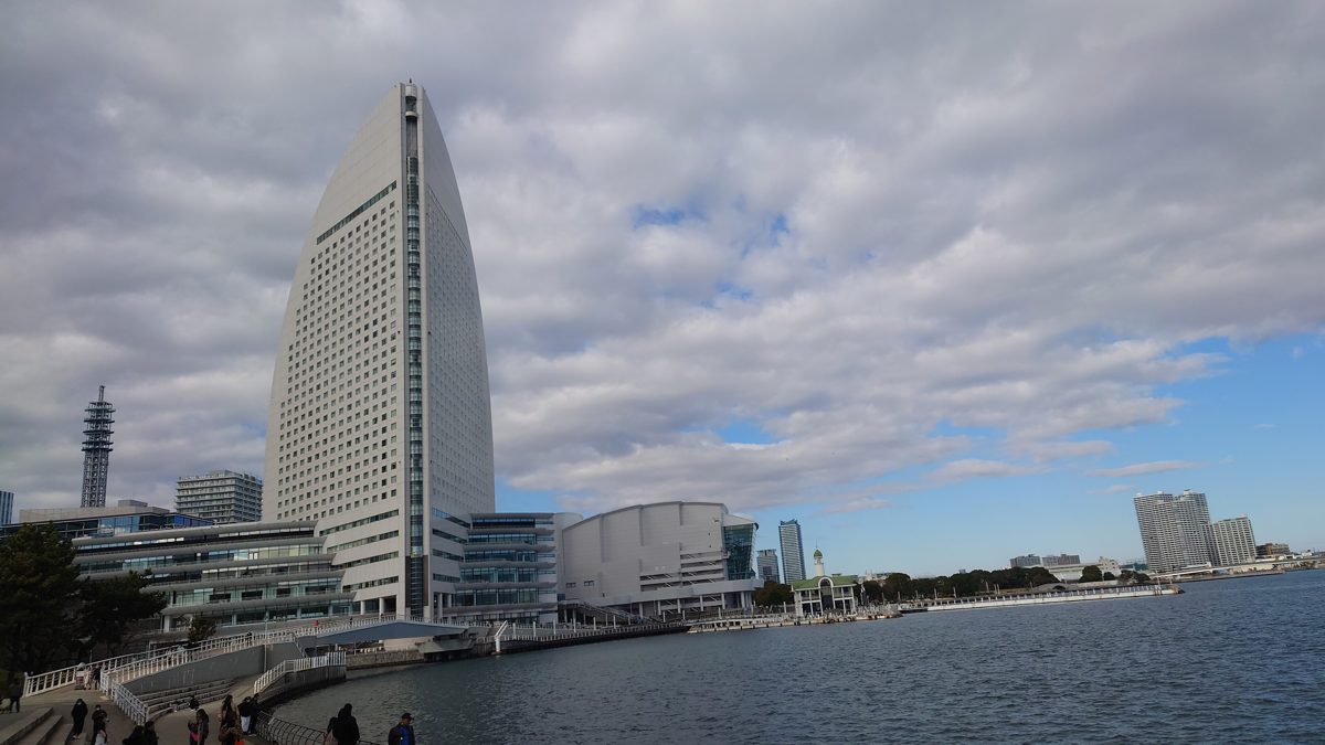 The sail-shaped tower of InterContinental Yokohama Grand on the Yokohama waterfront