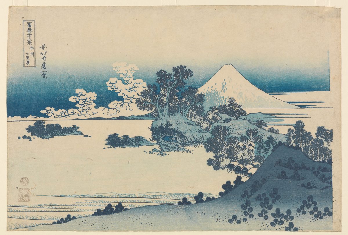 Hokusai's woodblock print of Shichirigahama beach with Mount Fuji
