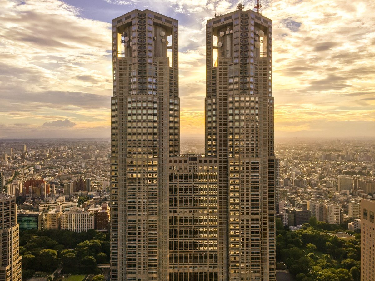 Tokyo Metropolitan Government Building twin towers at sunset