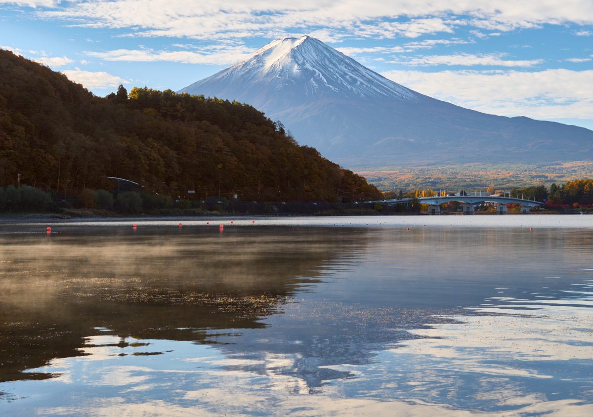 Mount Fuji reflected in Lake Kawaguchiko in the morning