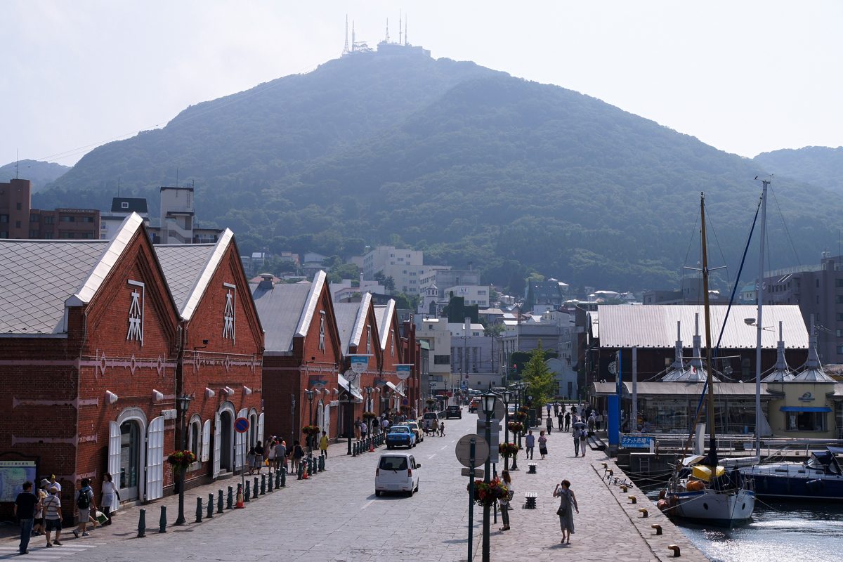 Red brick warehouses along a harbor street with a green mountain behind