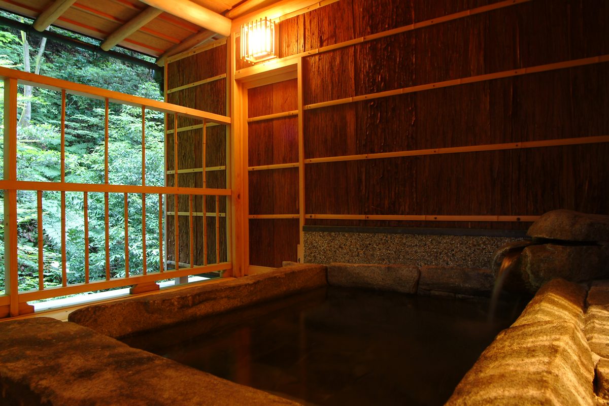 Indoor wooden hotel bath with garden view