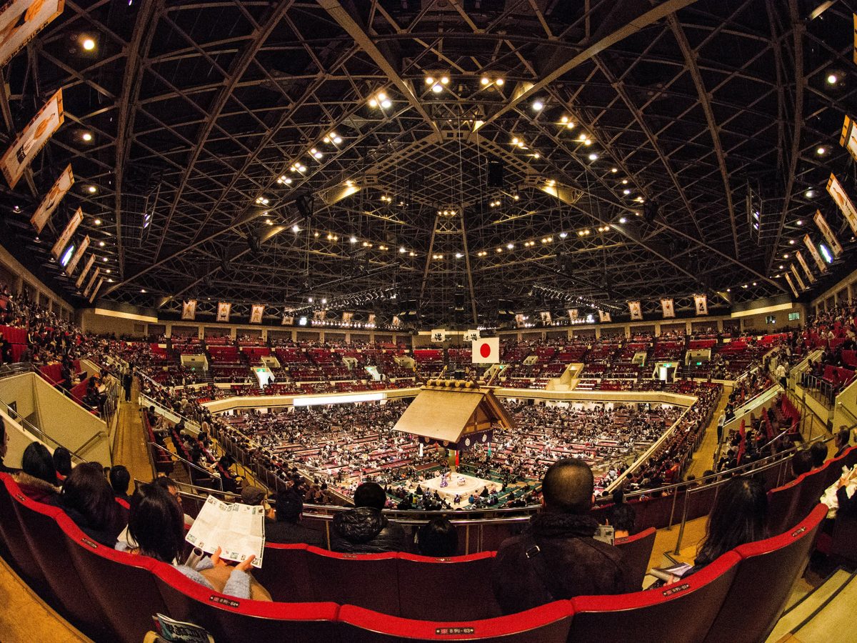 Inside the Ryogoku Kokugikan during a tournament