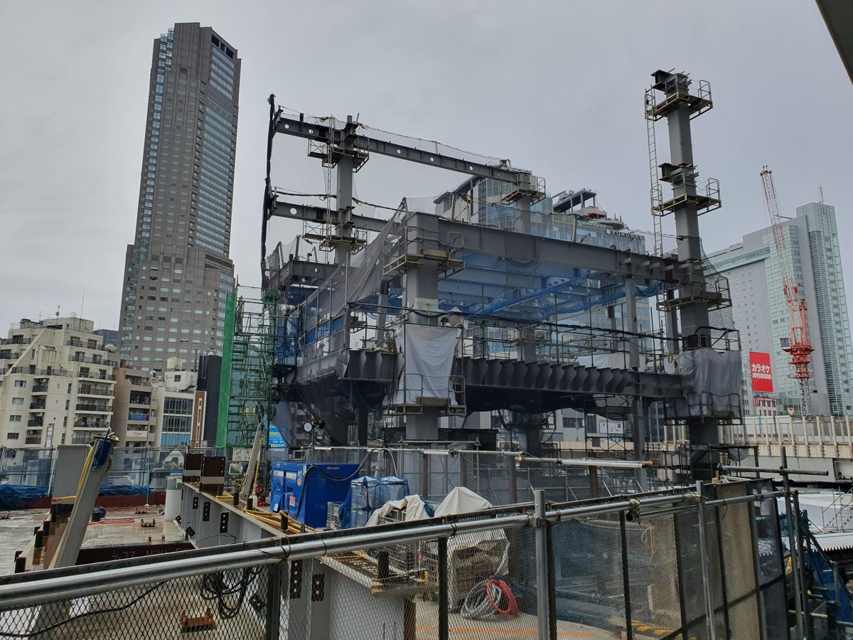 Redevelopment work at Shibuya Station with Cerulean Tower rising behind it