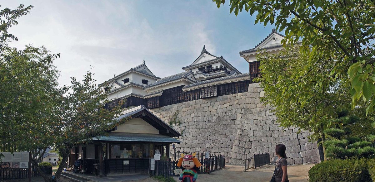 White castle towers on stone walls framed by trees at Matsuyama Castle