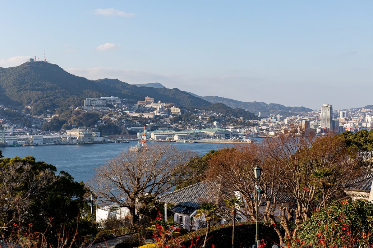 Nagasaki Harbor with hills and the city spread around the water