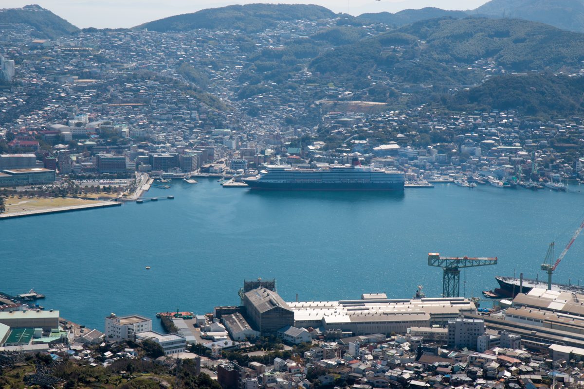 A wide view over Nagasaki Harbor and the city from a mountain