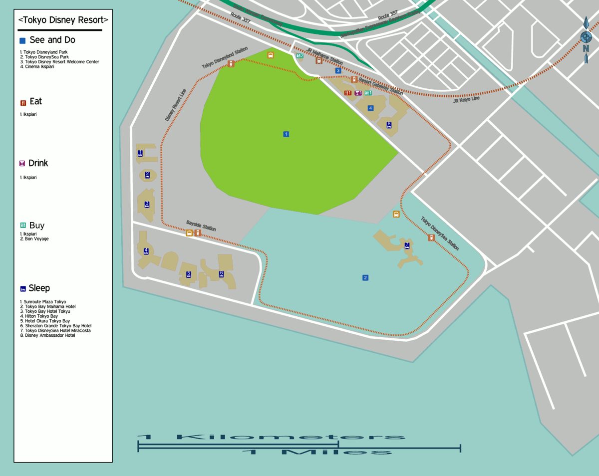 A simple map of a resort area by the bay with a large green park