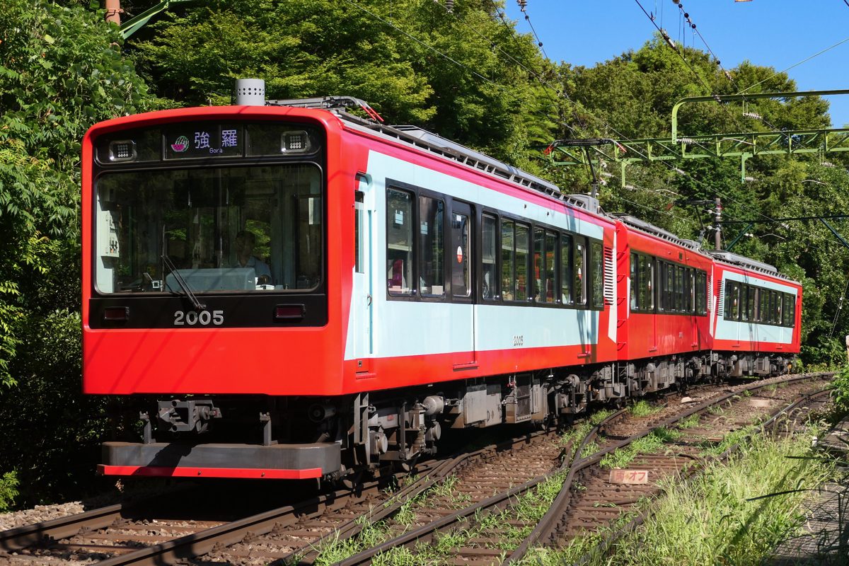 A red and white Hakone Tozan Railway train bound for Gora on a track among green trees