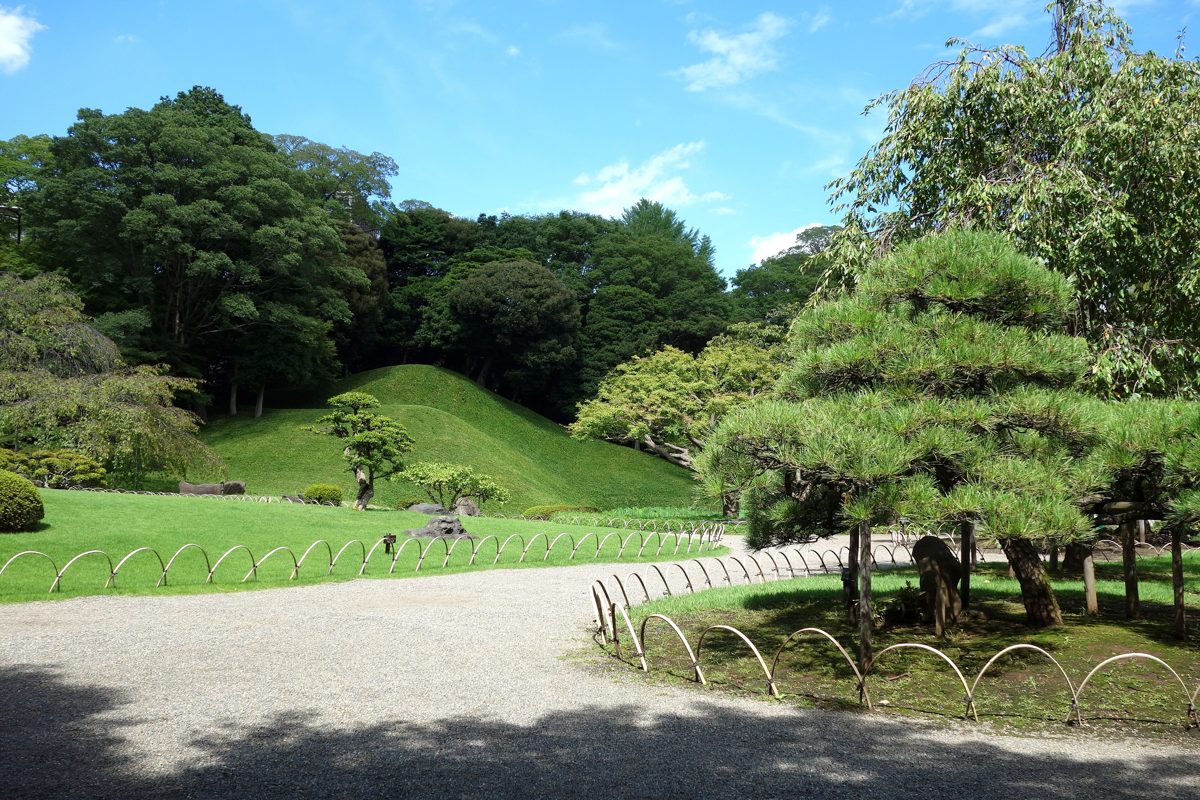 Lawns, pine trees and a grassy hill along a gravel path in Koishikawa Korakuen garden under a blue sky