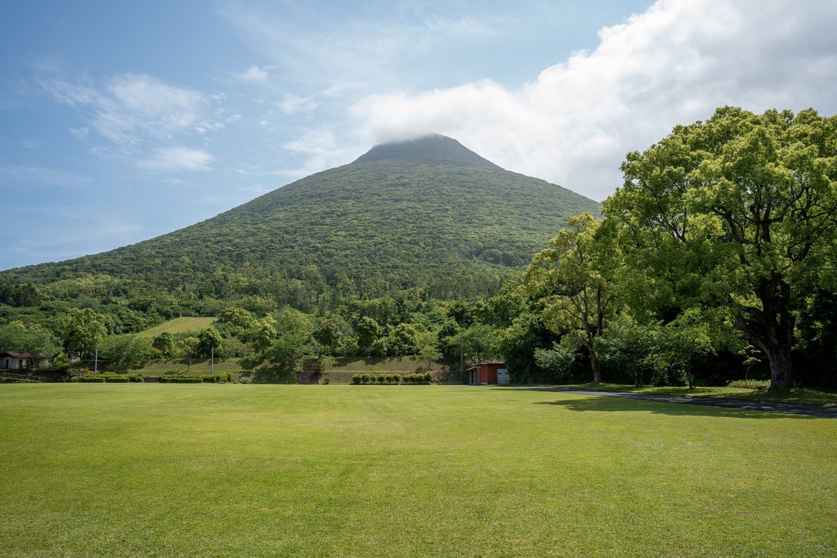 A cone-shaped green mountain behind a wide lawn and trees