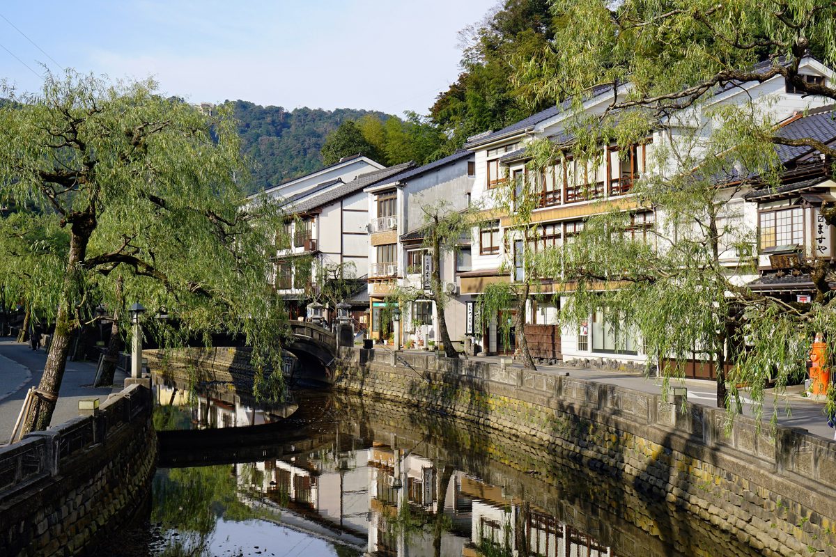 Willow trees along a stone-walled river with wooden inns behind it in Kinosaki Onsen on a sunny day