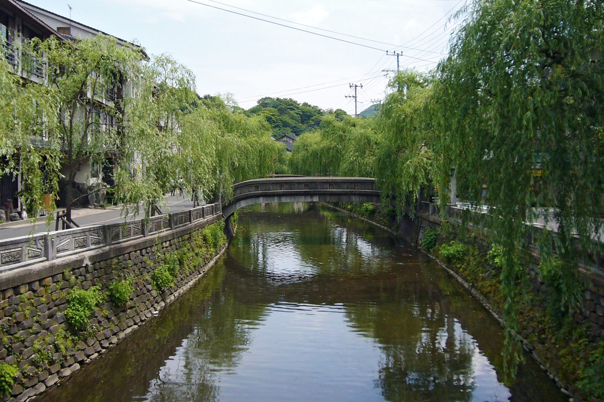The Otani River lined with willow trees and a stone bridge in Kinosaki Onsen on a sunny day