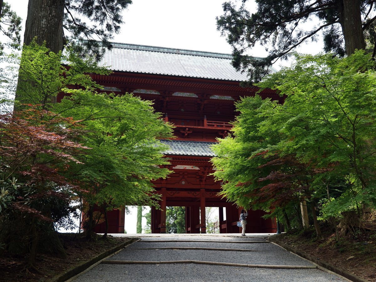 The red two-story Daimon gate of Koyasan among green trees on a sunny day