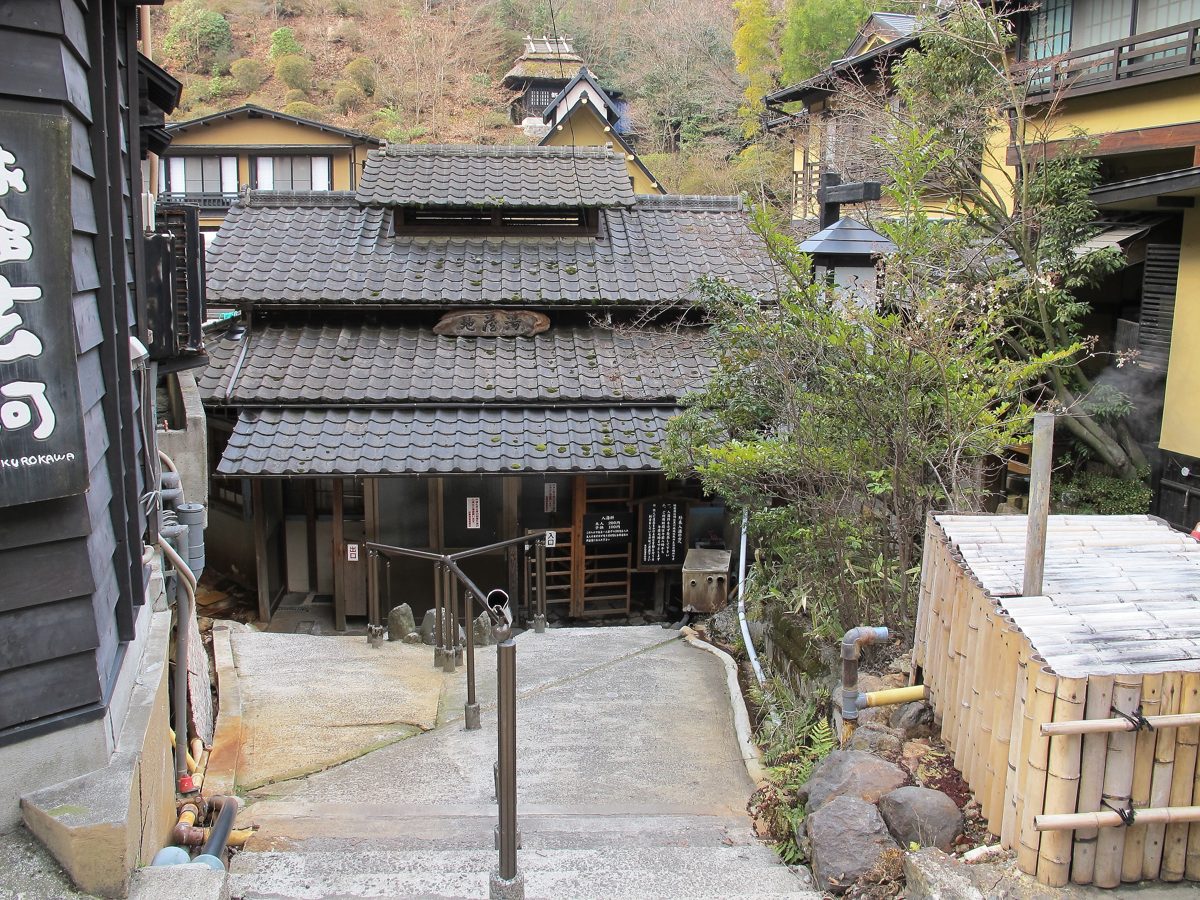 Stone steps with a handrail leading down to an old tile-roofed wooden building among inns and trees