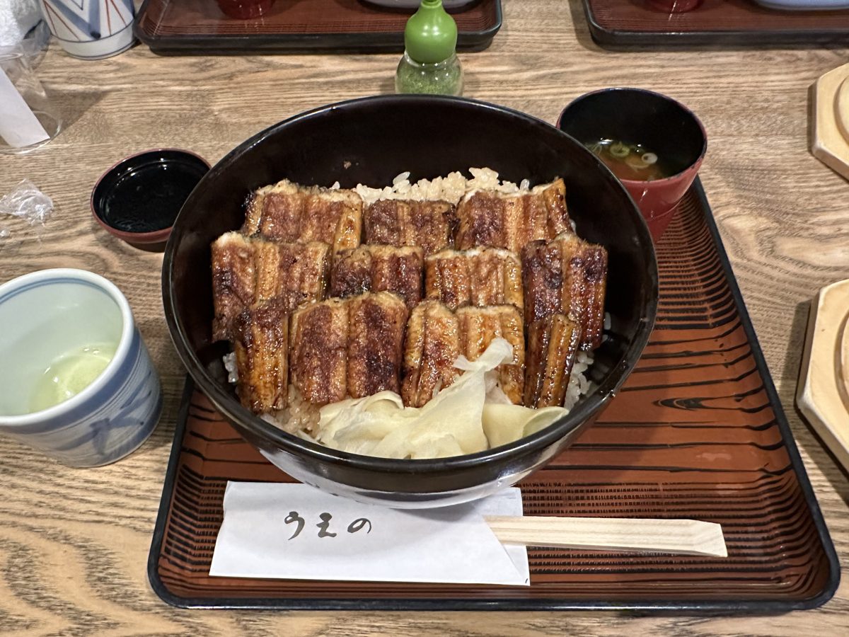 A bowl of grilled conger eel slices over rice on a wooden tray with tea and pickles