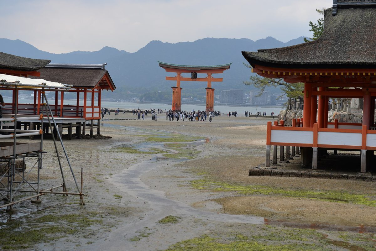 The vermilion Grand Torii standing on exposed sand at low tide, framed by red shrine corridors