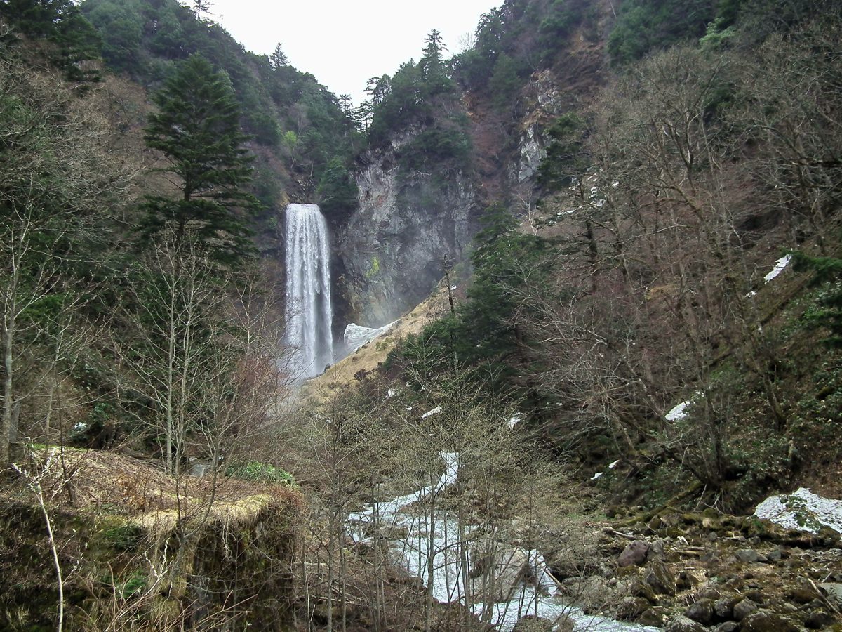 A tall waterfall dropping down a rocky, wooded cliff in early spring