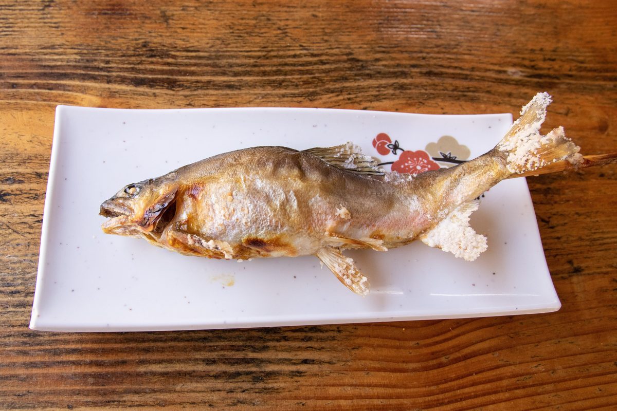 A whole salt-grilled sweetfish on a white plate on a wooden table
