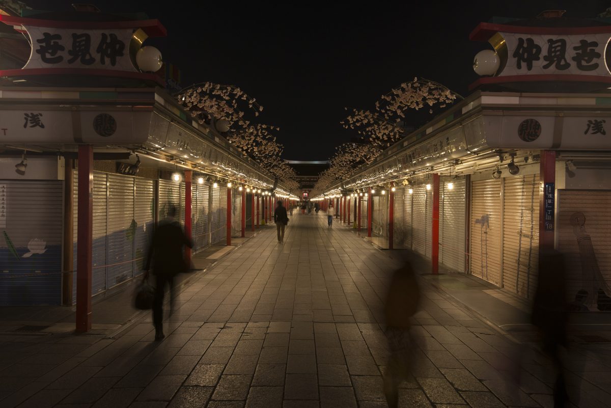 Nakamise-dori in Asakusa in the evening with shop shutters down along the covered lane