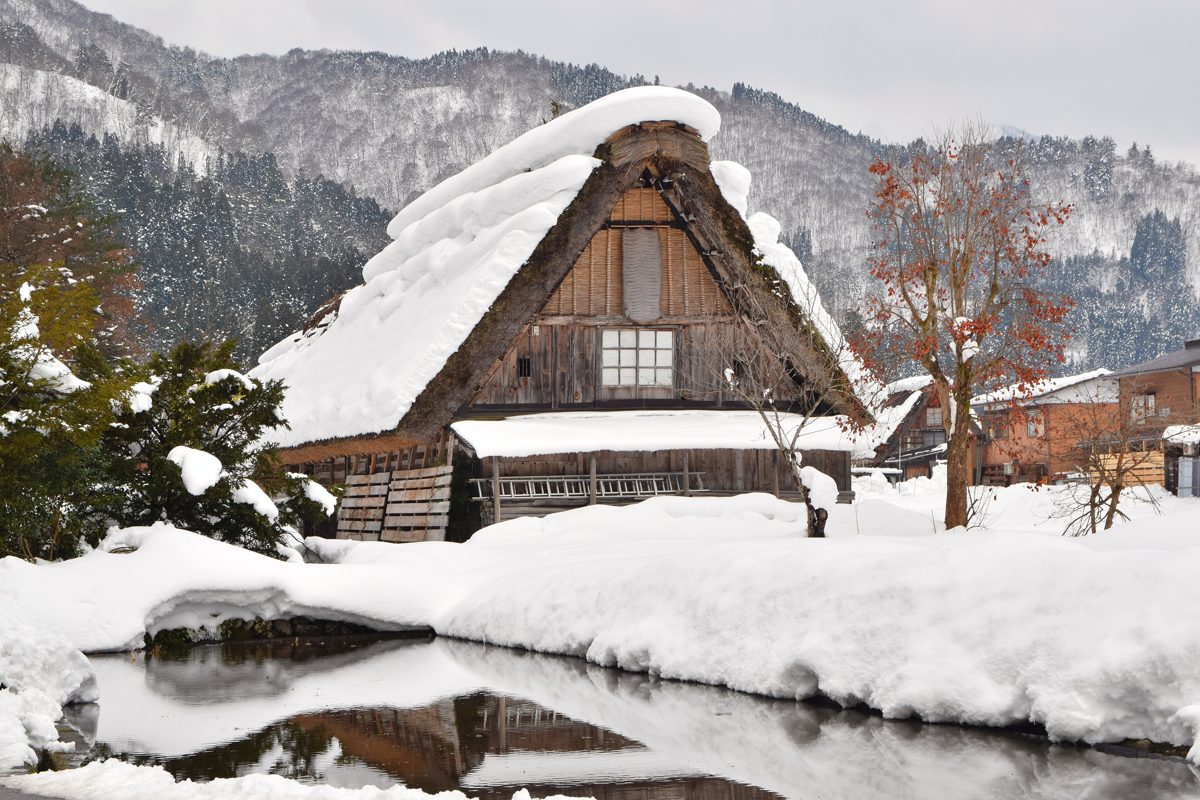 A thatched gassho-zukuri house covered in snow beside a partly frozen pond, Shirakawa-go