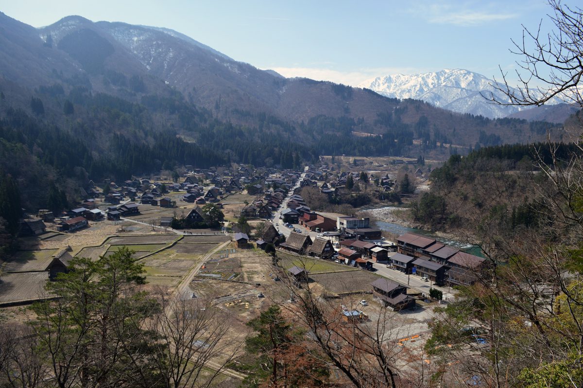 View over the Ogimachi valley and its farmhouses from a hillside observation point, with snowy peaks behind