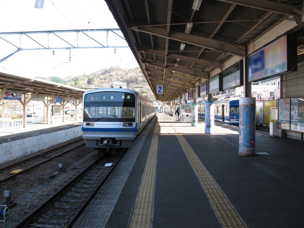 A blue and white Izuhakone Railway train at a covered station platform