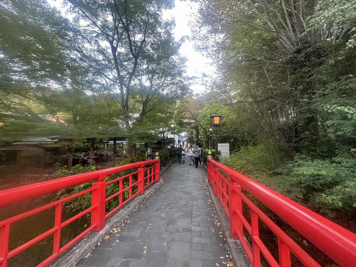 A red-railed footbridge leading into trees in the Shuzenji Onsen area