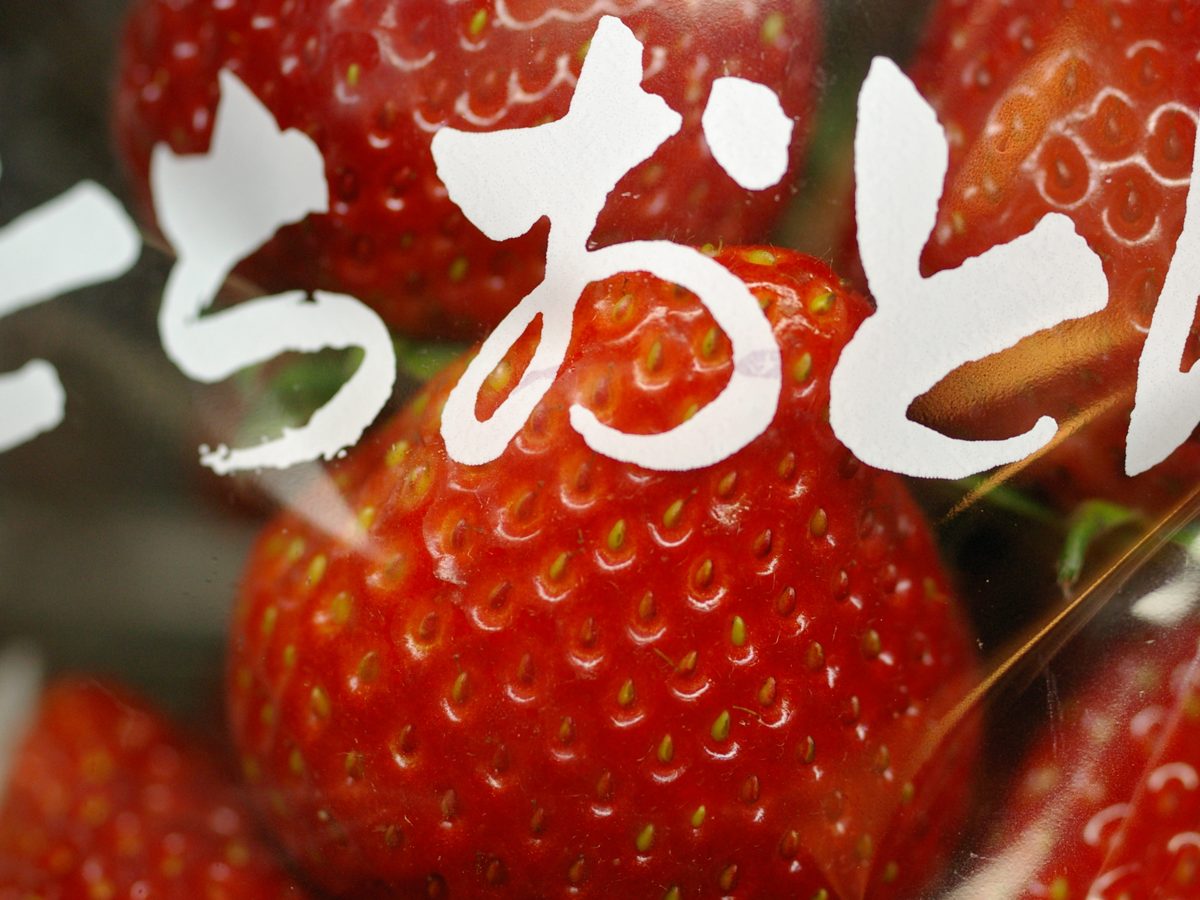 Close-up of red strawberries behind a clear pack printed with the Japanese name Tochiotome