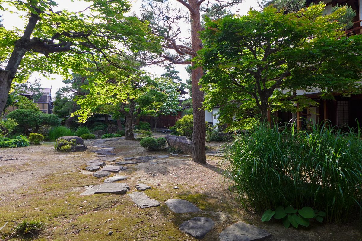 A Japanese garden with pine trees, moss and stepping stones at Takayama Jinya