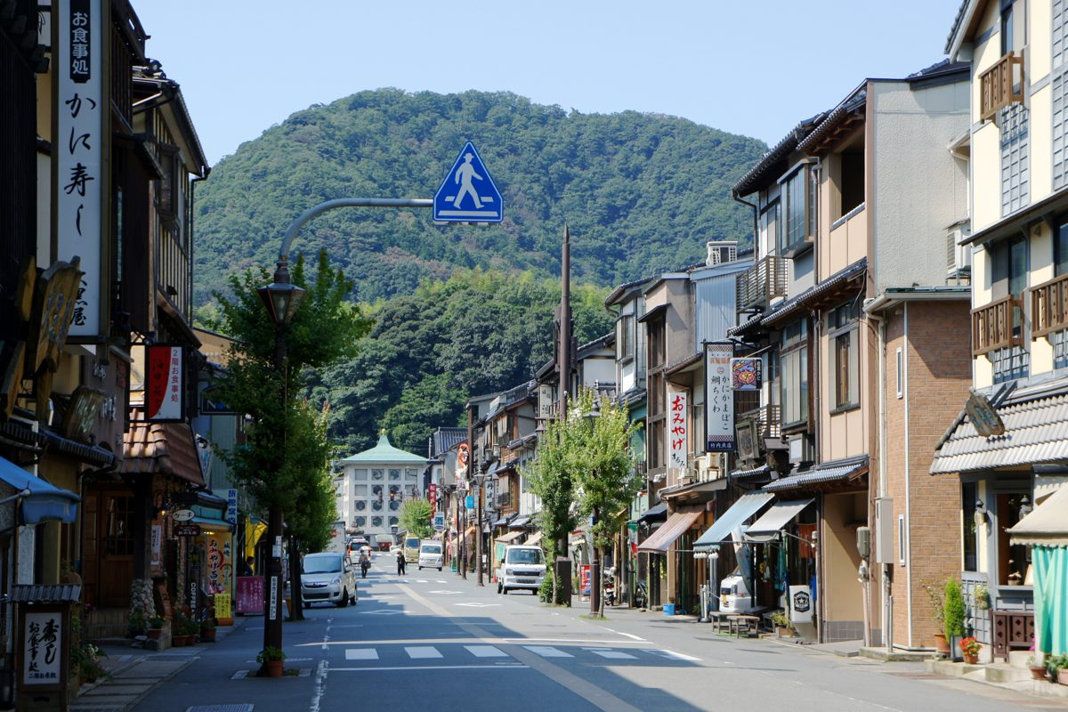 A shopping street of wooden and modern buildings with a forested hill behind in Kinosaki Onsen